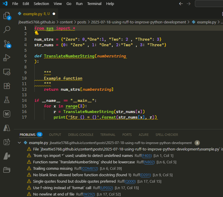 <code>example.py</code> in VSCode with Ruff