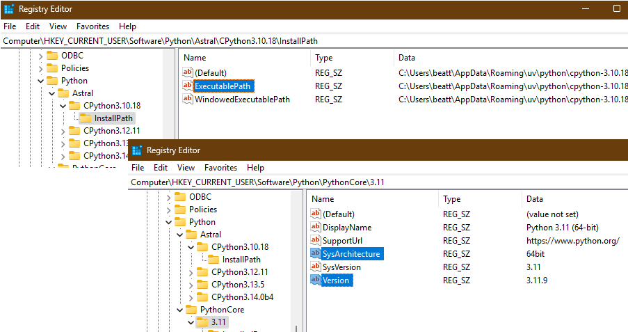 Windows RegEdit Application showing Python user entries