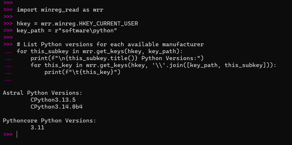 List Python versions for each available manufacturer