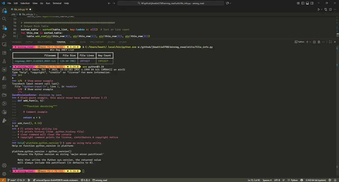 PyREPL example in VSCode showing various coloured examples