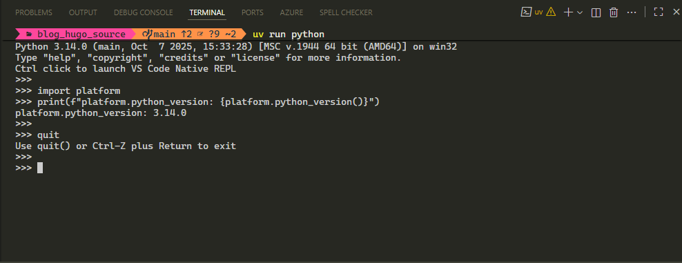 VSCode terminal showing the default (C-based) Python REPL